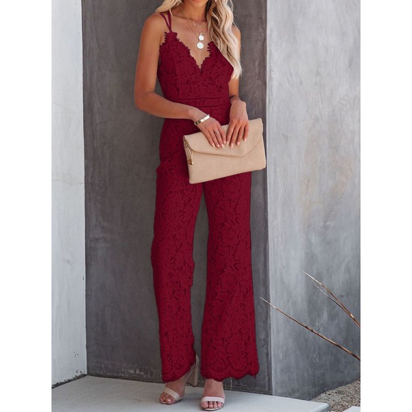 Lace V-Neck Spaghetti Strap Jumpsuit in White - Picture 12 of 12